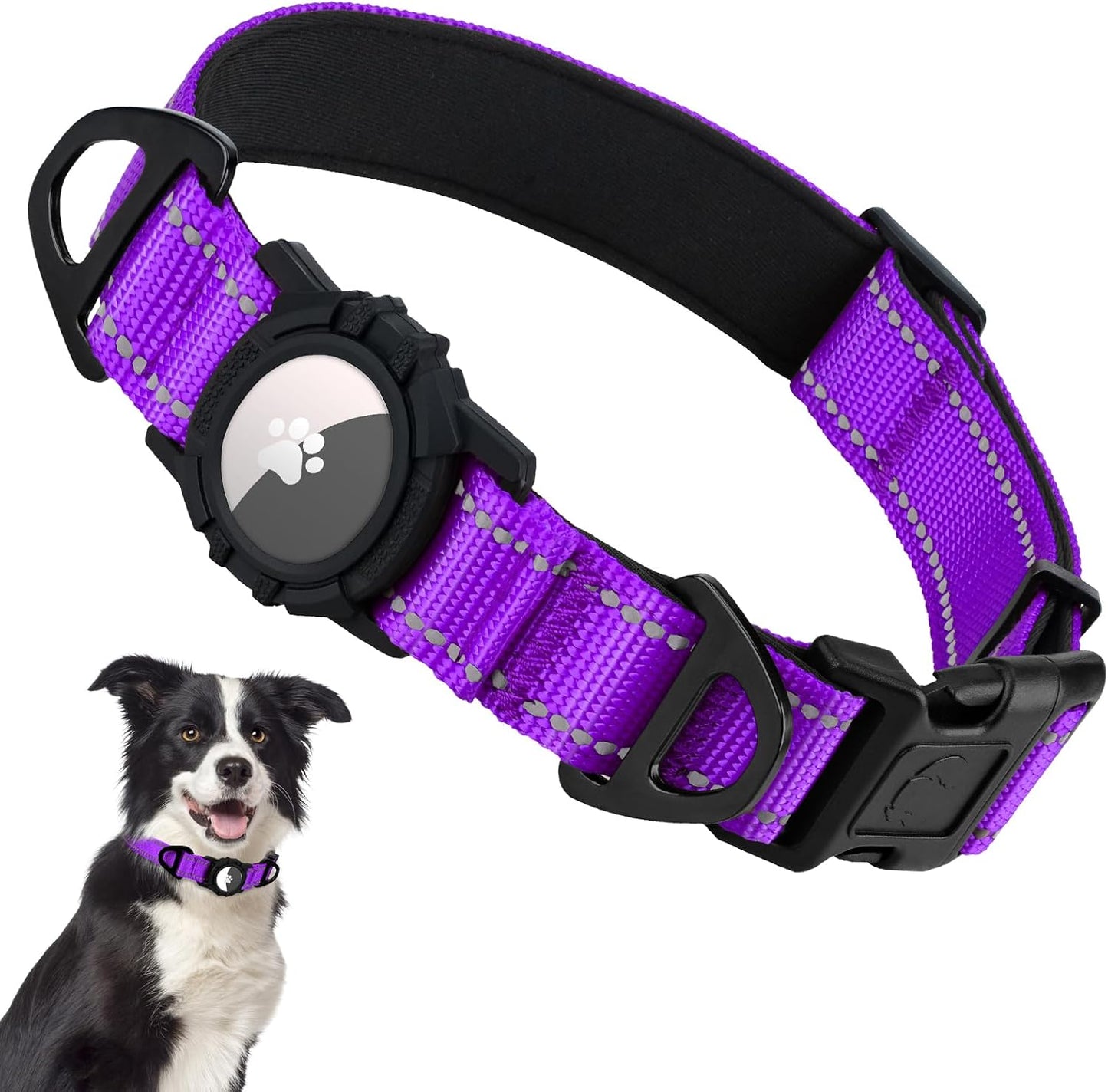 Collar reflectante perro soporte Airtag acolchado morado
