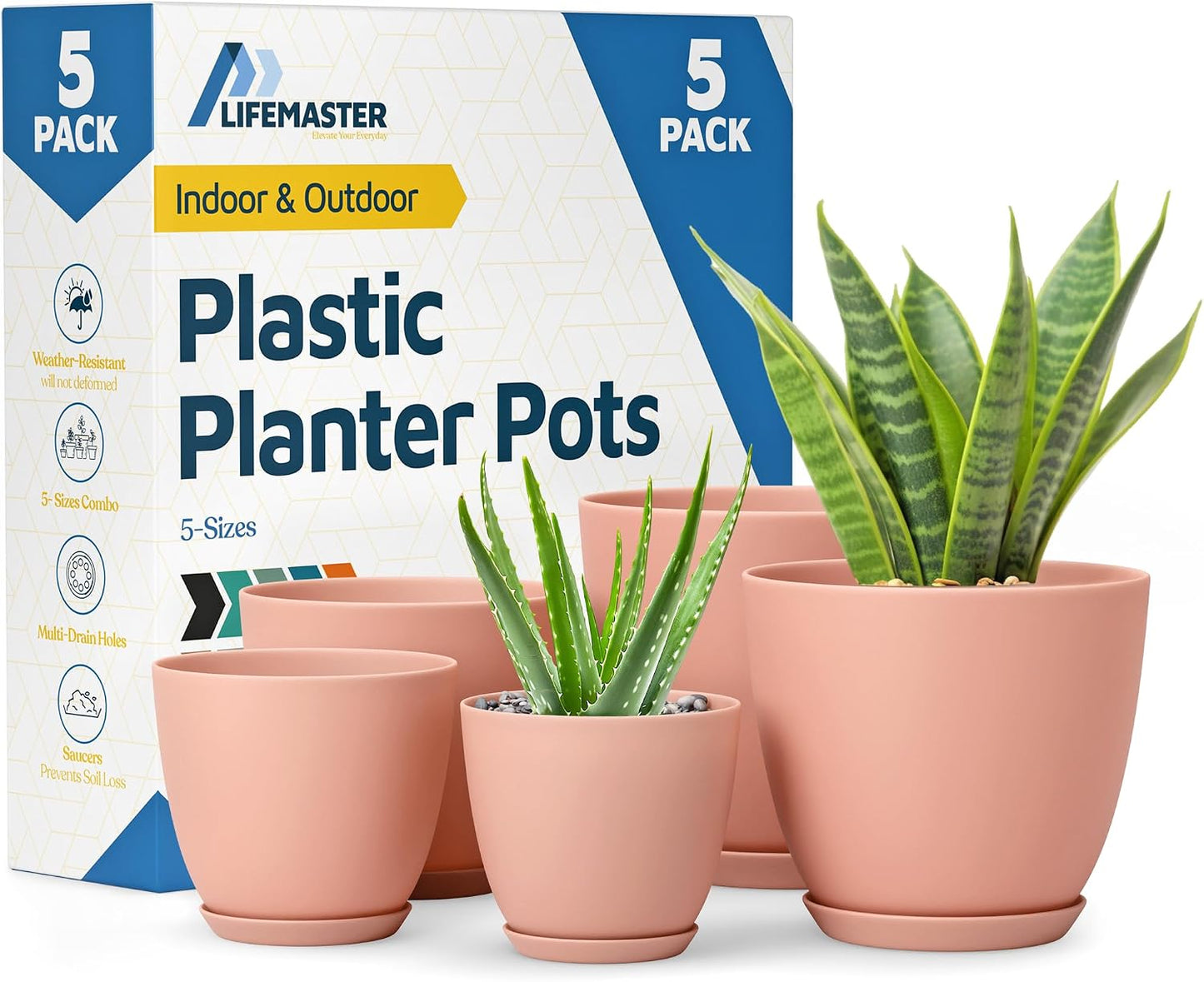 Set 5 macetas plástico rosa con drenaje