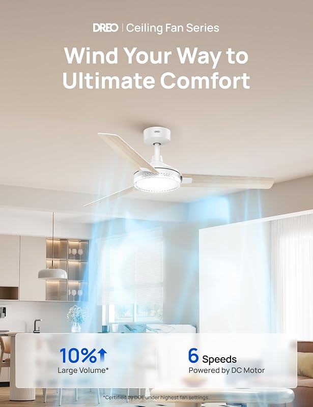 Ventilador techo blanco 52pulg luz 5CCT 6 vel motor CC