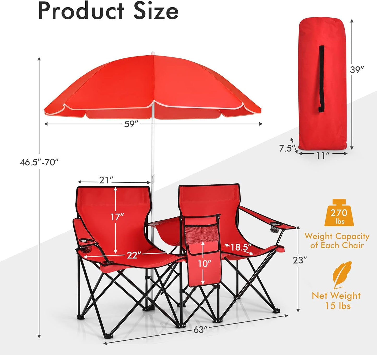 Silla campamento doble plegable con paraguas y refrigerador