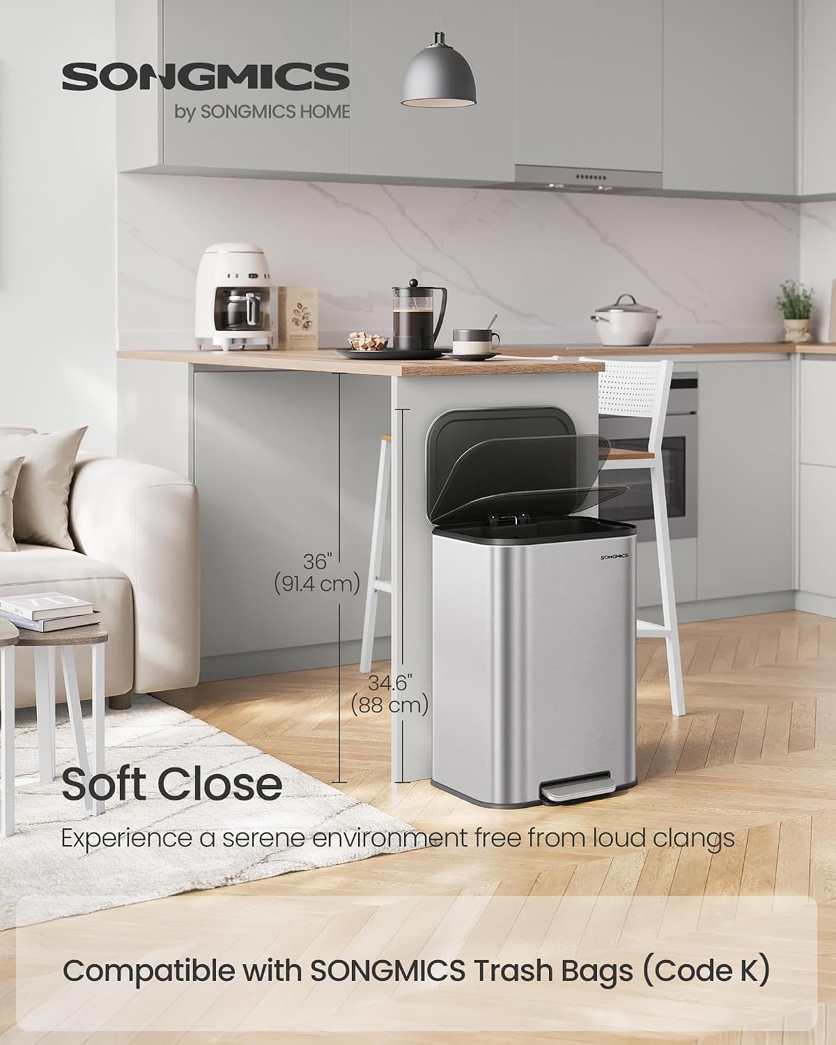 Bote basura cocina 50L acero inox cierre pedal plateado