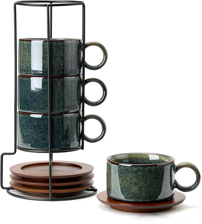 Set 4 Tazas Espresso Cerámica 6oz con Soporte Metal