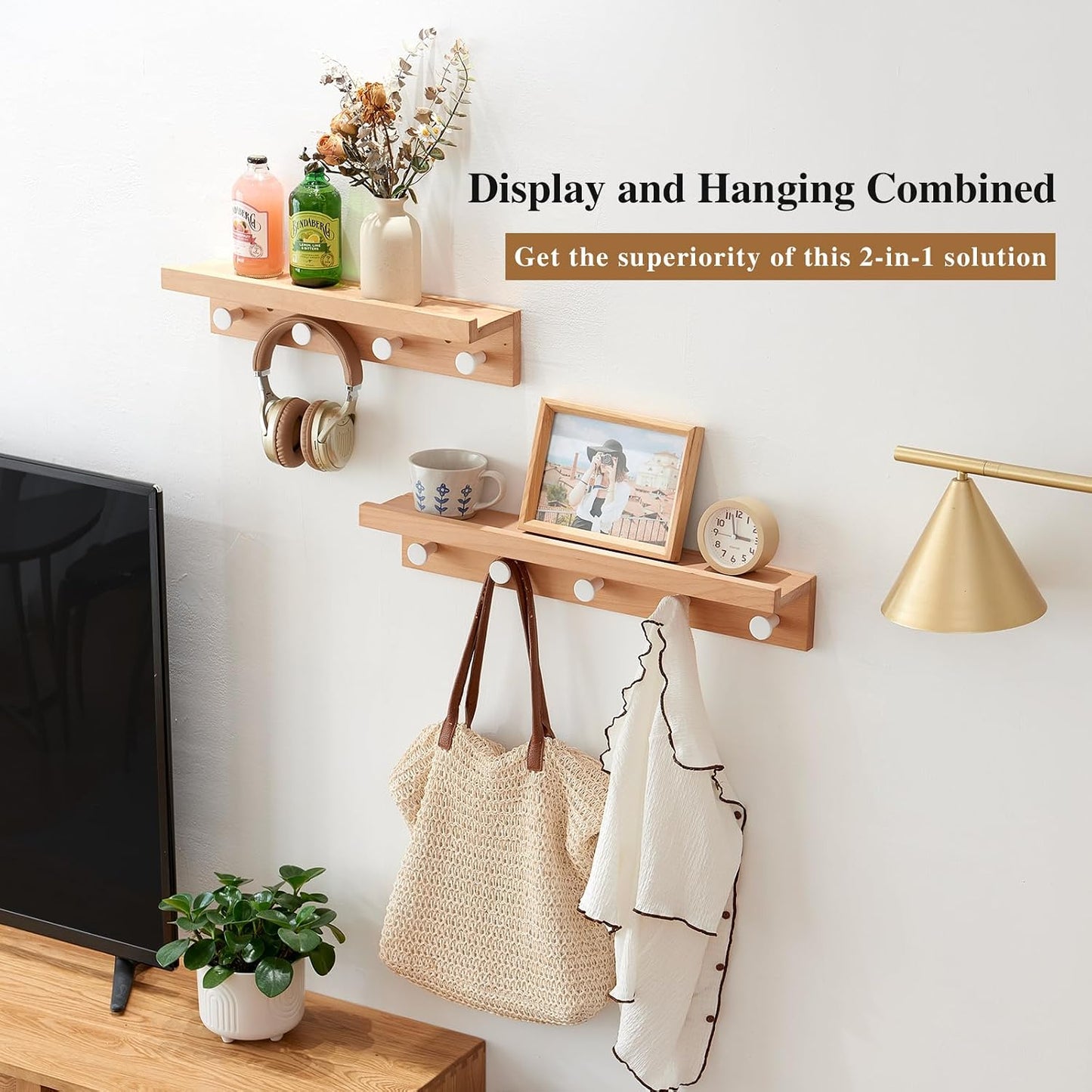 Ganchos pared con estante 24" madera haya 5 ganchos