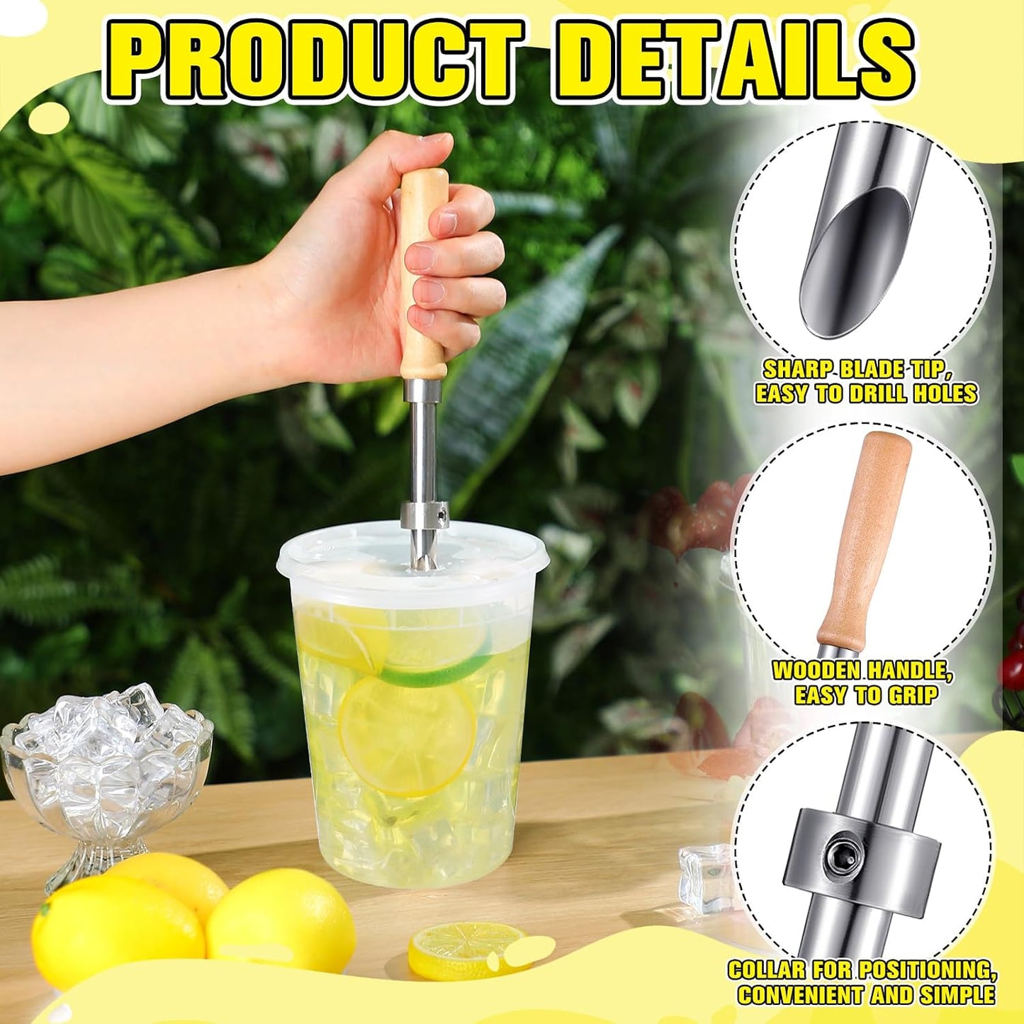 2 Perforadores paja tapas plástico vaso acero inox mango madera