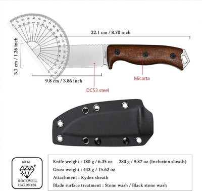 Cuchillo DC53 acero mango micarta funda kydex EDC camping