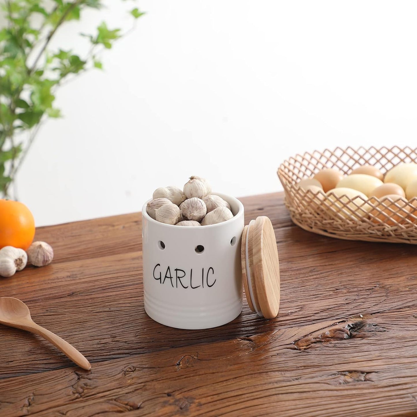 Contenedor ajo cerámica tapa madera 4.5pulg blanco