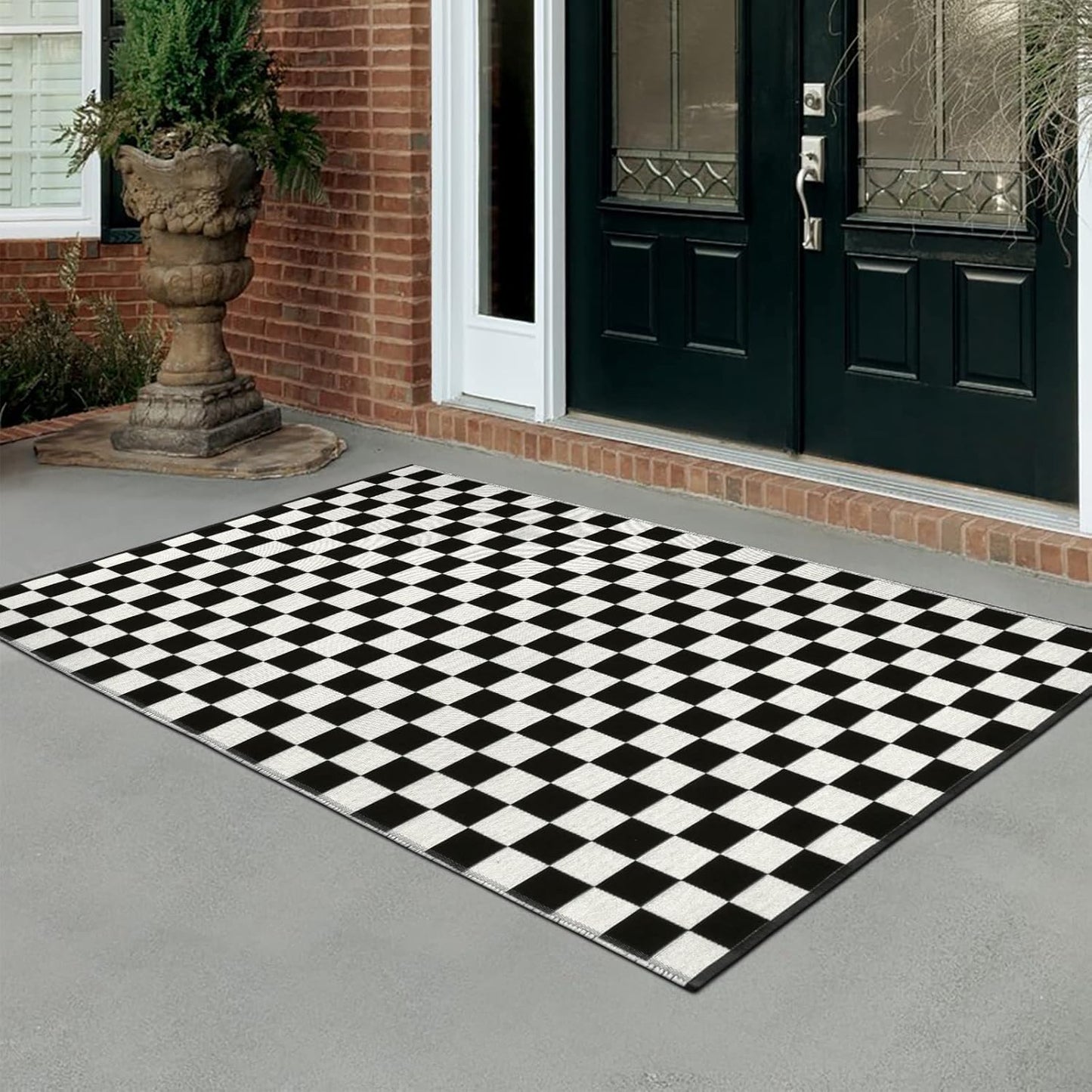 Alfombra Cuadros Reversible 3x5ft Negro Blanco Algodón