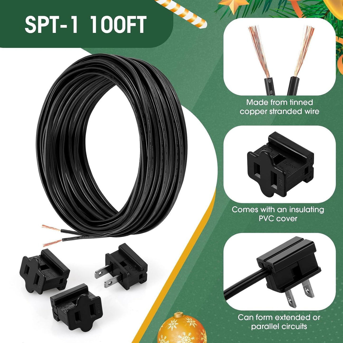 Cable 100ft 18/2 con 6 enchufes para tira LED negro