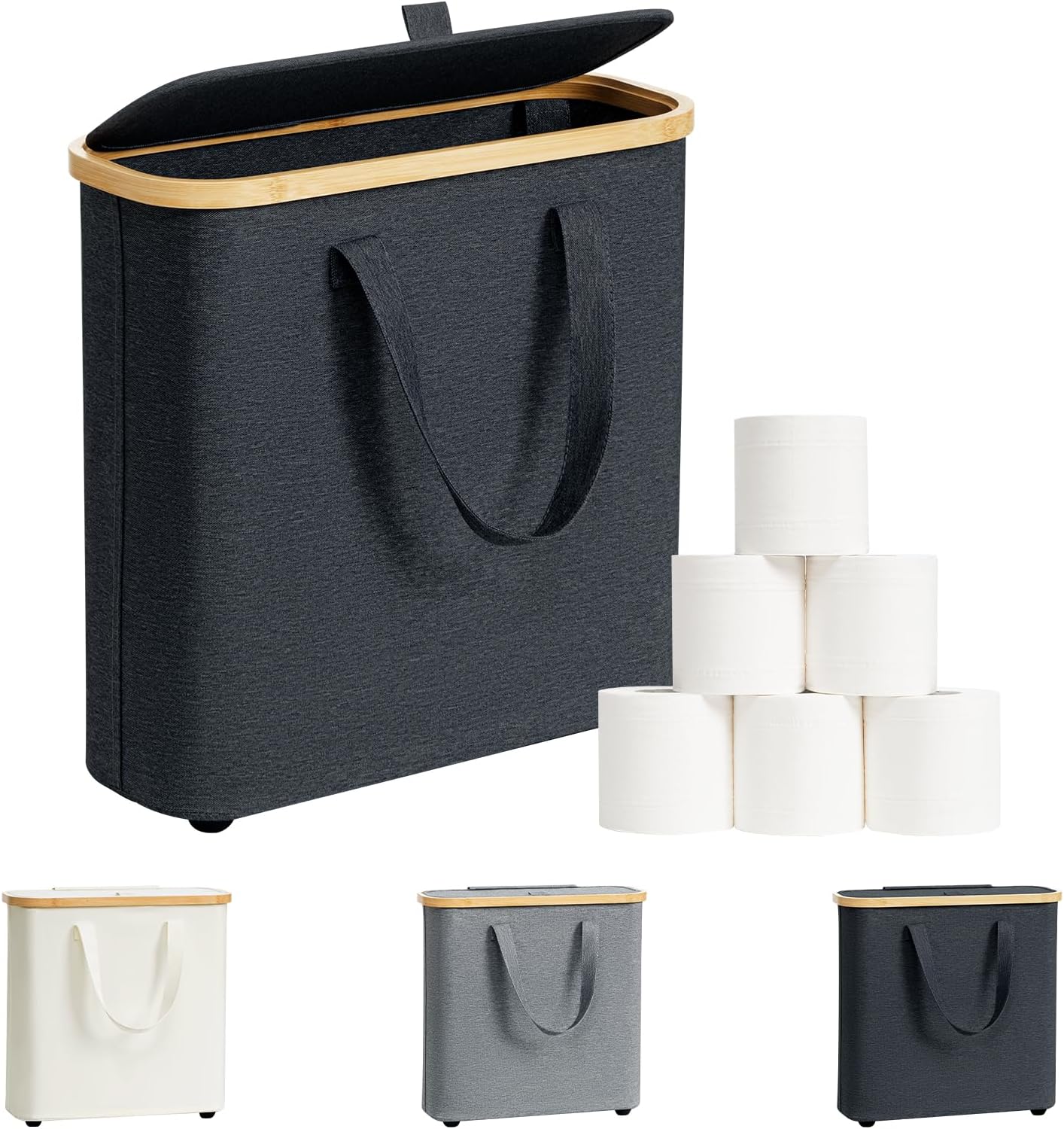 Cesta papel higiénico bambú 30L con tapa asa para 12-16