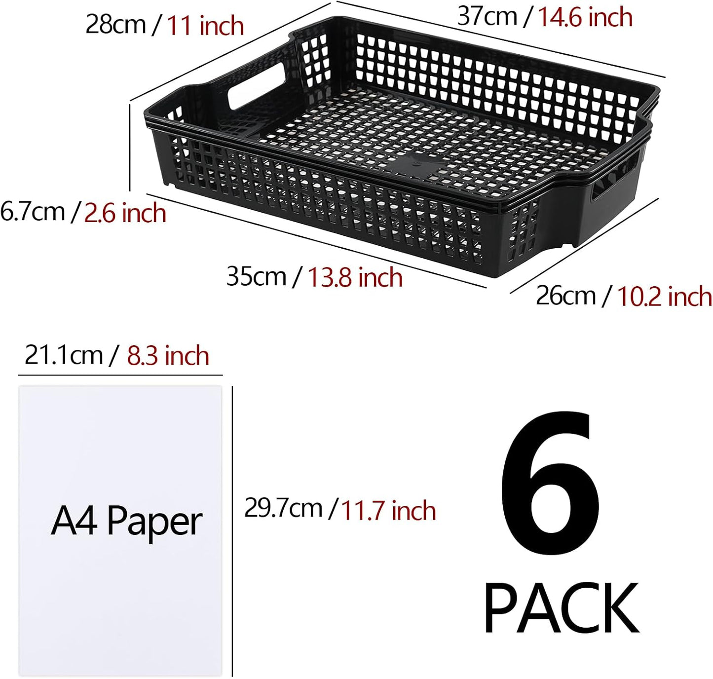 6 Cestas Almacenamiento Apilables A4 Negro