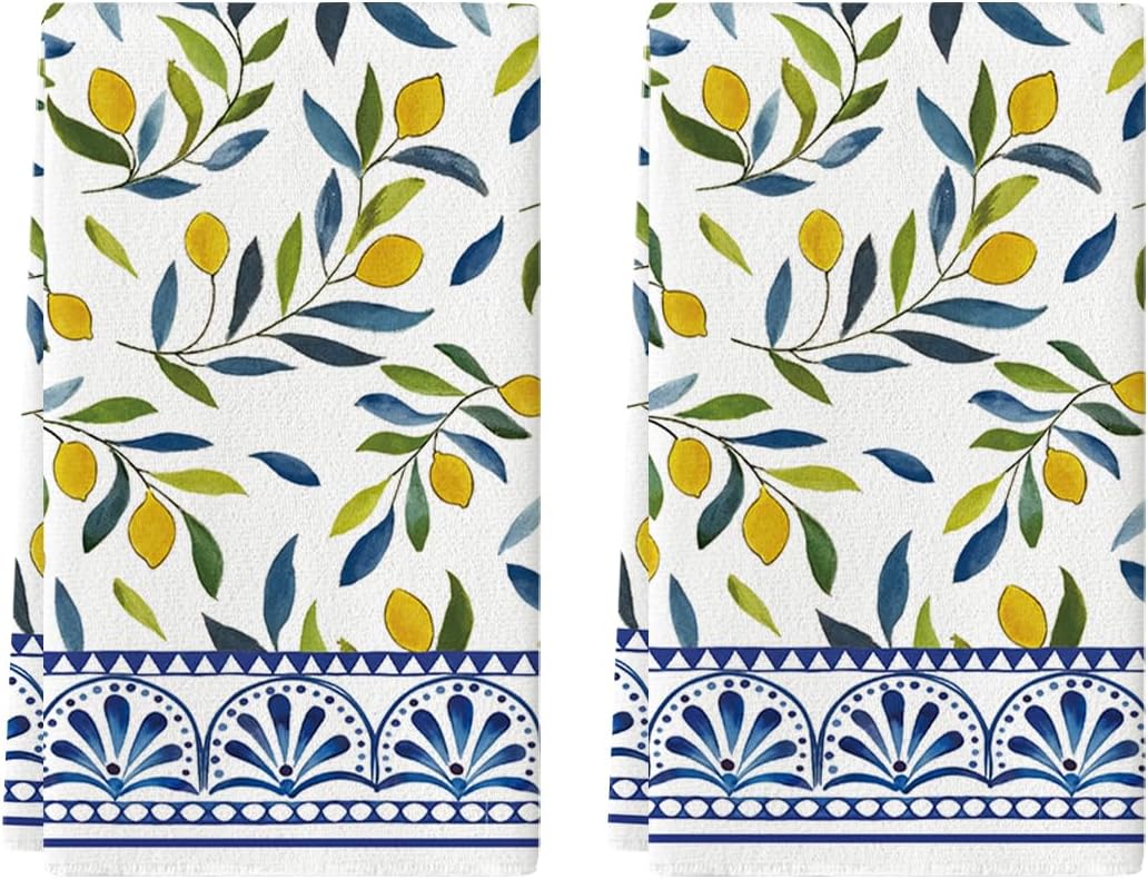 Juego de 2 toallas de cocina de verano a rayas de limones 18 x 26
