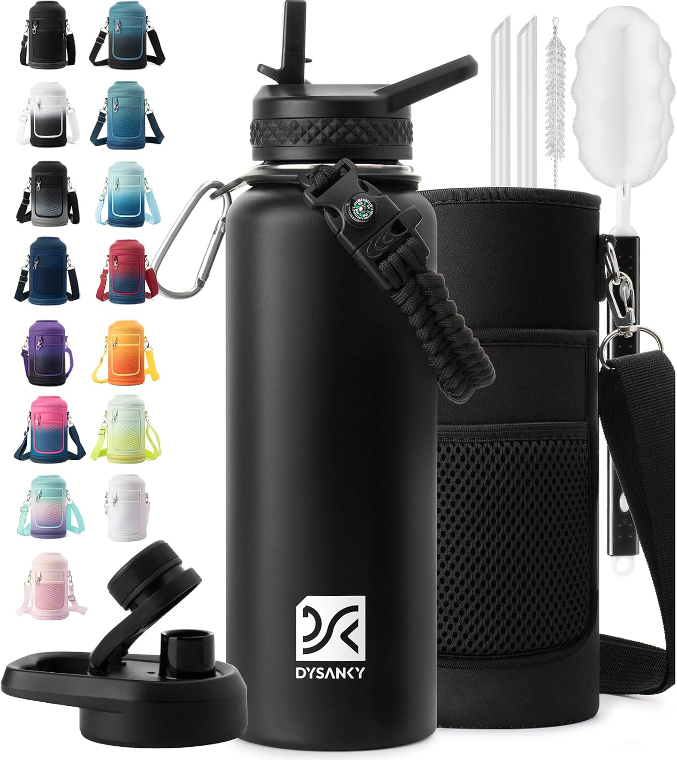 Botella agua aislada acero inox 40oz con pajita y correa