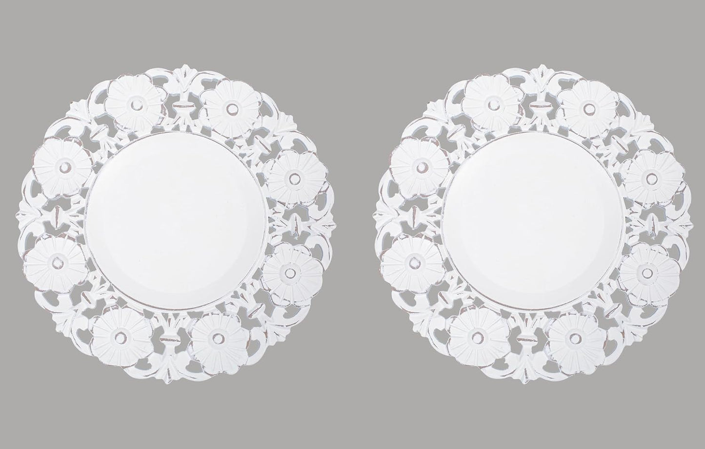 2 Pzas Platos Madera Blanca 13pulg Flores Mesa Comedor