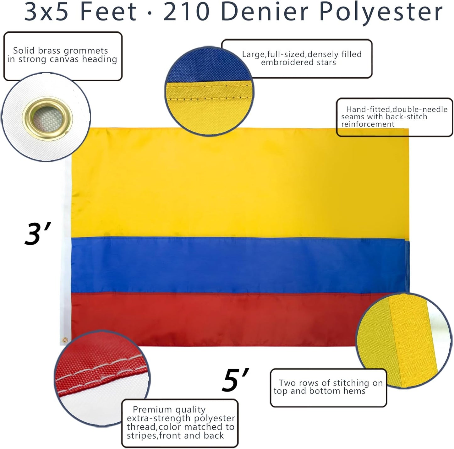 Bandera Colombia 3x5pies resistente rayas cosidas ojales