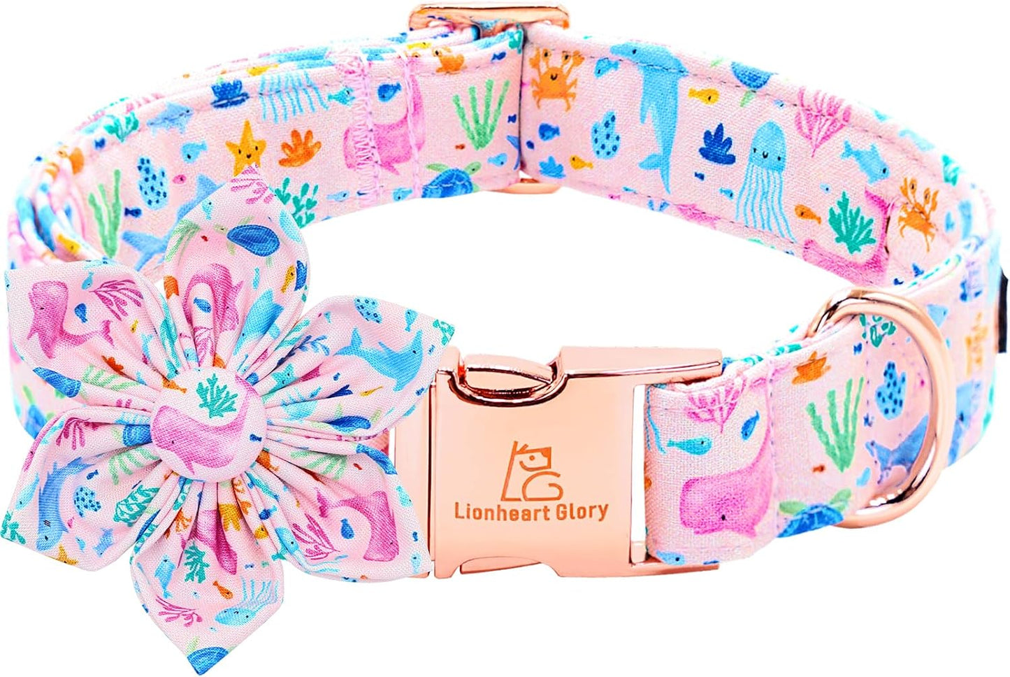 Collar perro rosa con flores animales marinos ajustable