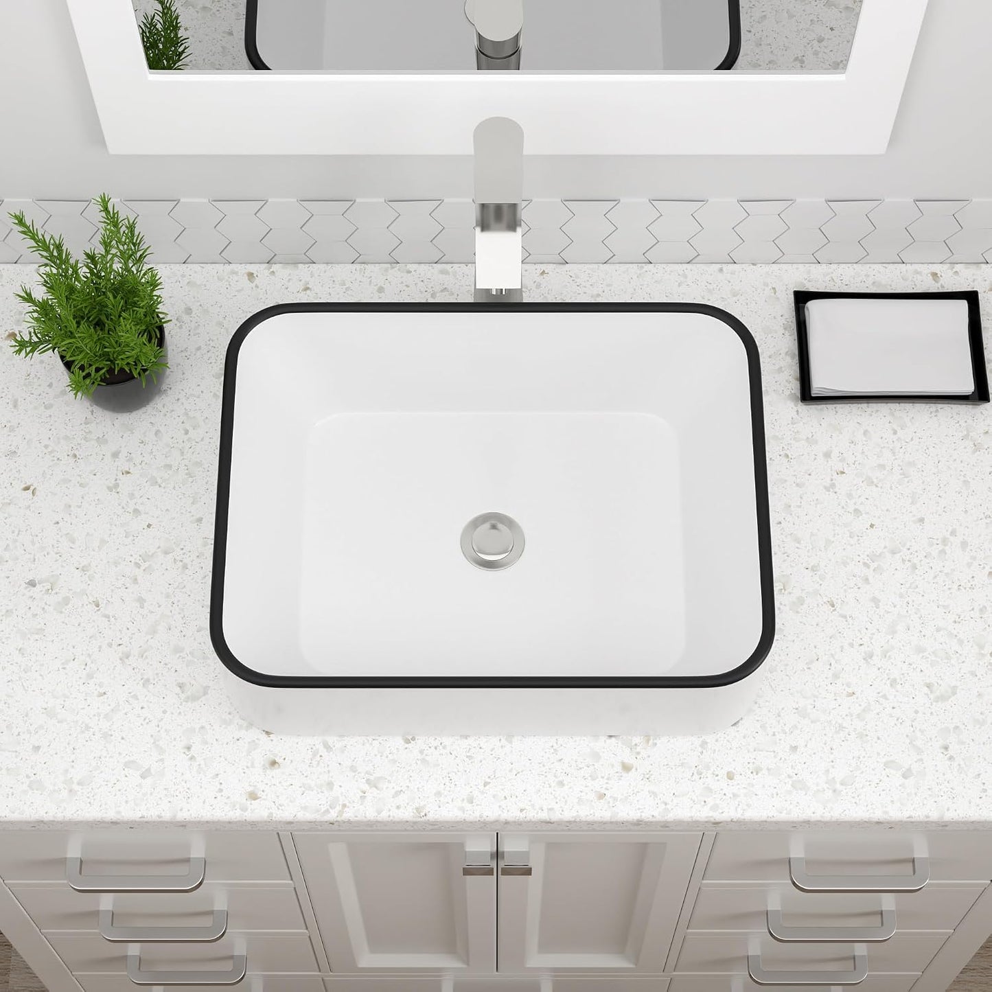 Fregadero rectangular 19x15pulg blanco borde negro cerámica