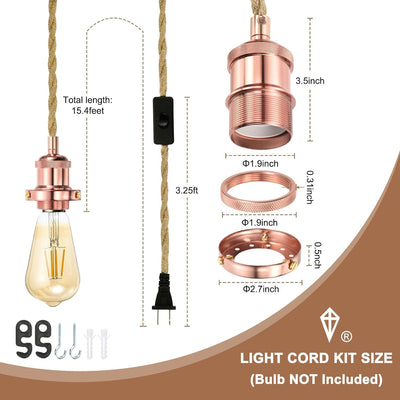 Kit cable luz colgante E26 15.4ft interruptor cuerda trenzada oro rosa