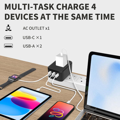 Adaptador USB-C y 2 USB-A salida CA mundial negro