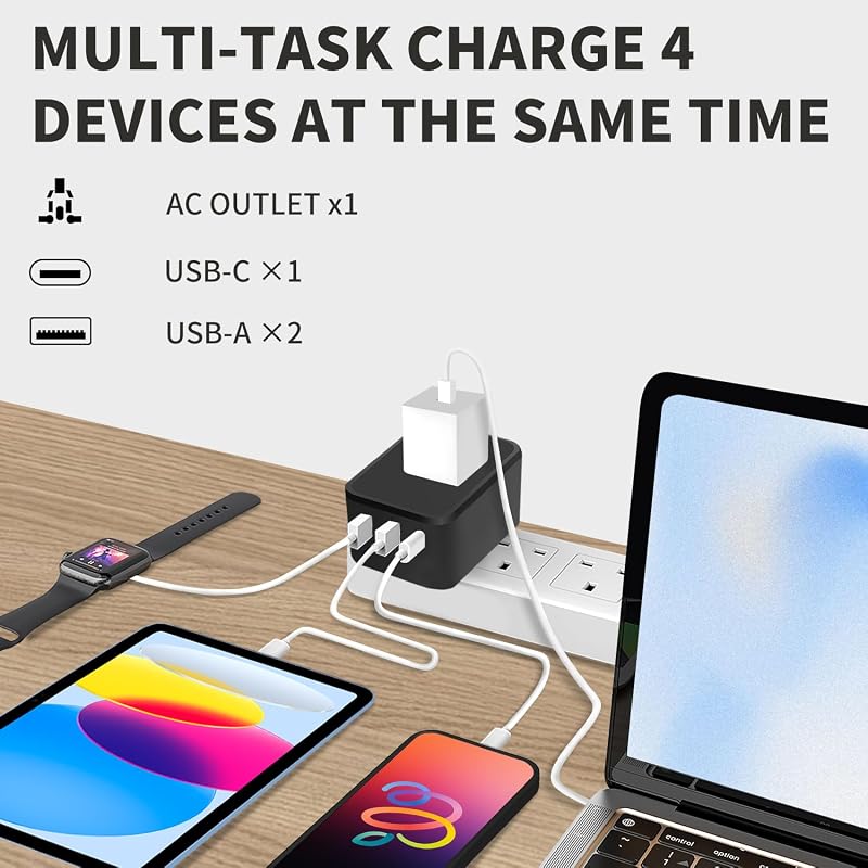 Adaptador USB-C y 2 USB-A salida CA mundial negro
