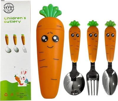 Set 3 Pzas Cubiertos Niños Forma Zanahoria con Estuche