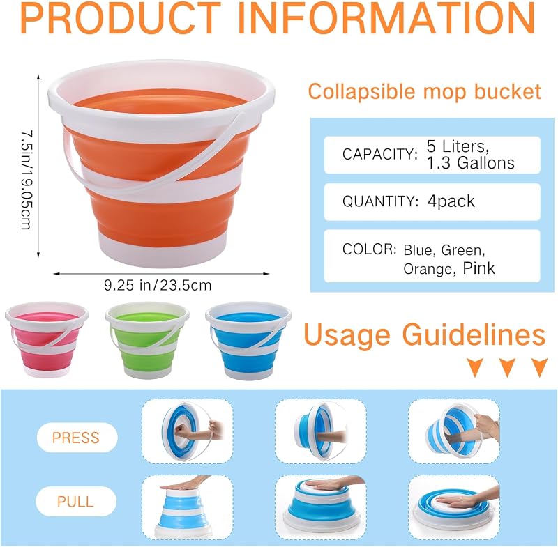 4 Cubos Plegables 5L con Asa para Hogar y Camping