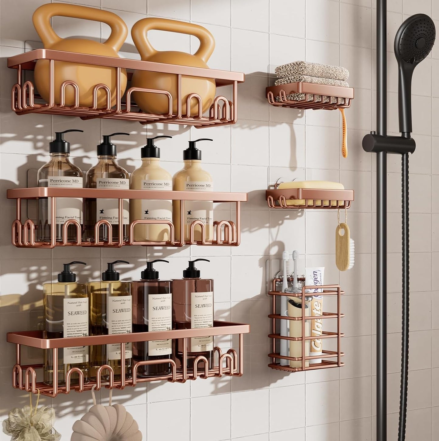 Organiz. ducha pack 6 estantes adhesivos impermeables