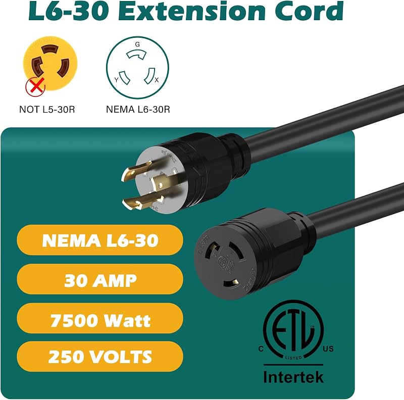 Cable extensión L6-30P a L6-30R 10 ft 30A SJTW RV