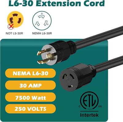 Cable extensión L6-30P a L6-30R 10 ft 30A SJTW RV