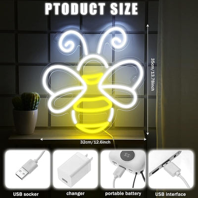 Letrero neón abeja luz led amarilla y blanca decoración pared