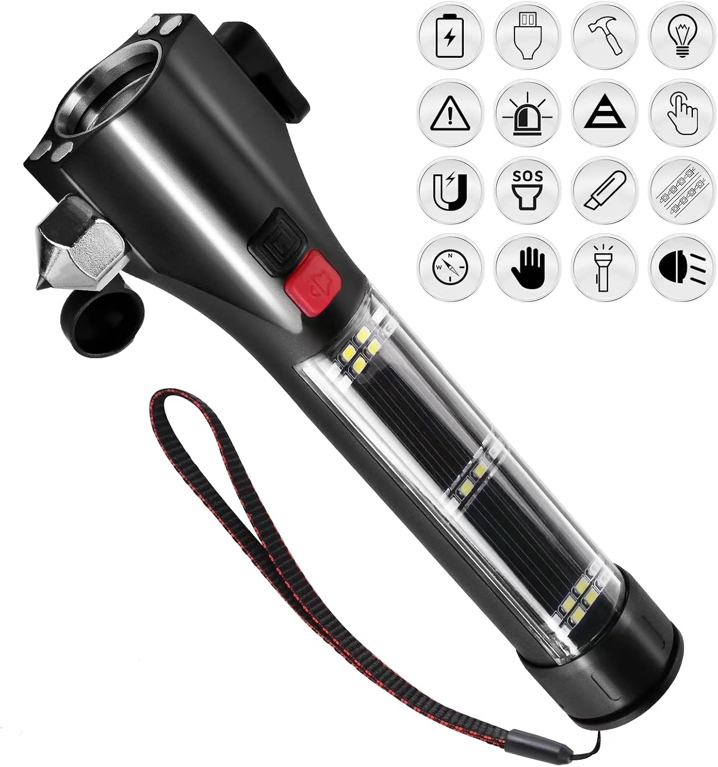 Martillo auto solar con linterna LED y cinturón magnético
