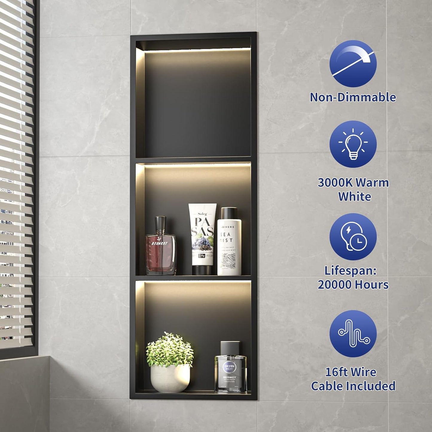 Nicho ducha LED 36x12pulg acero inox negro mate 3 niveles