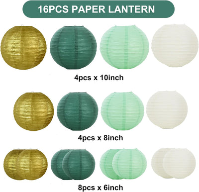 16 Pzas Linternas Papel Verde Salvia Dorado Colgantes Decorativas