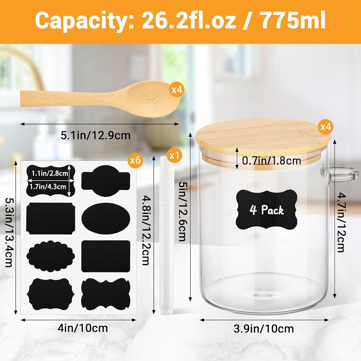 4 Pzas Tarros Vidrio 26oz con Tapa Bambú y Cuchara
