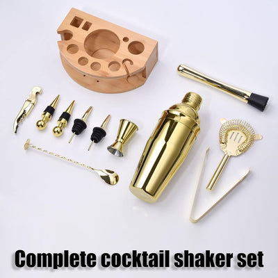Kit Barman Soporte Bambú 12 Pzas Coctelera 25oz Acero Inox