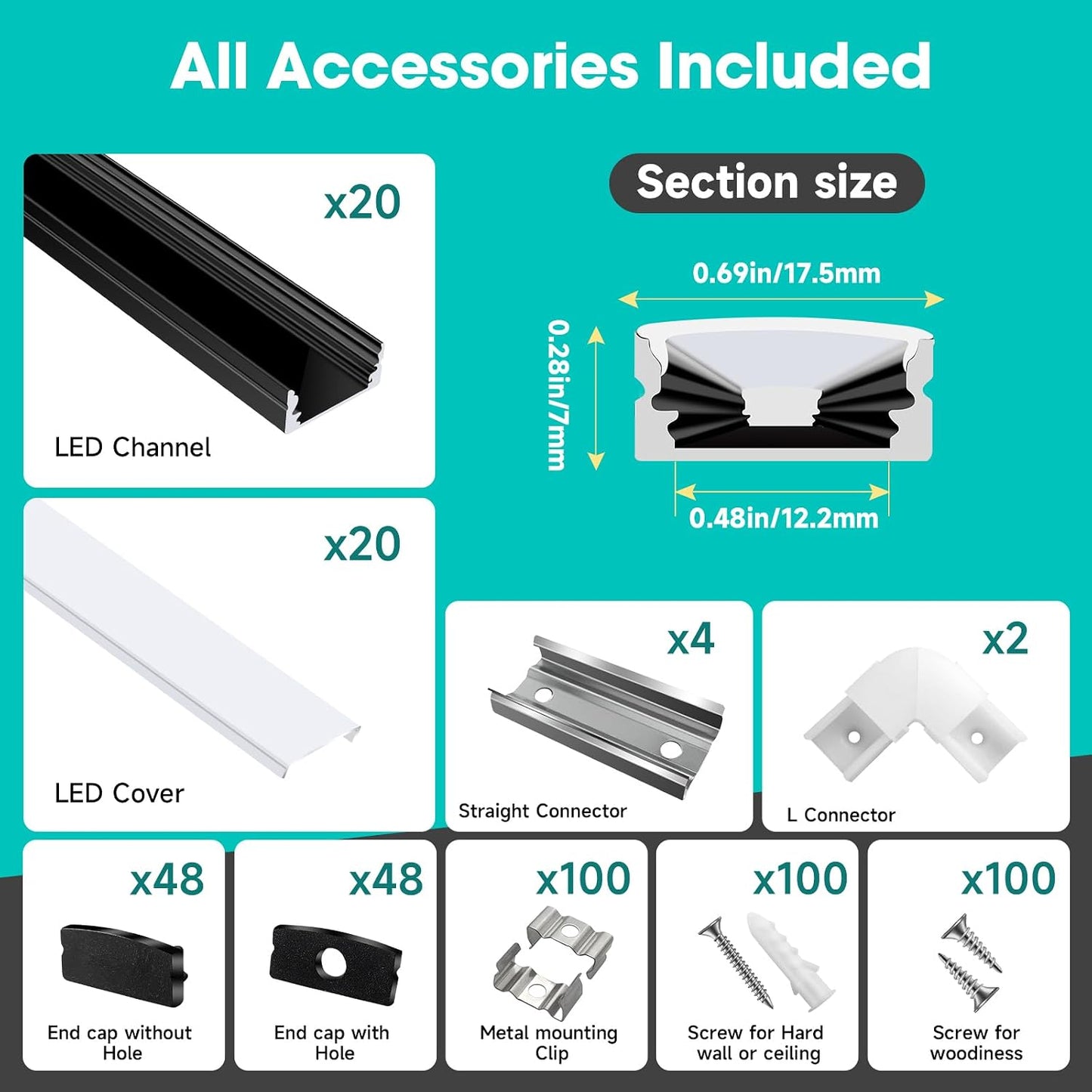 20 Canales Aluminio LED Negro Forma U 2m Con Cubierta