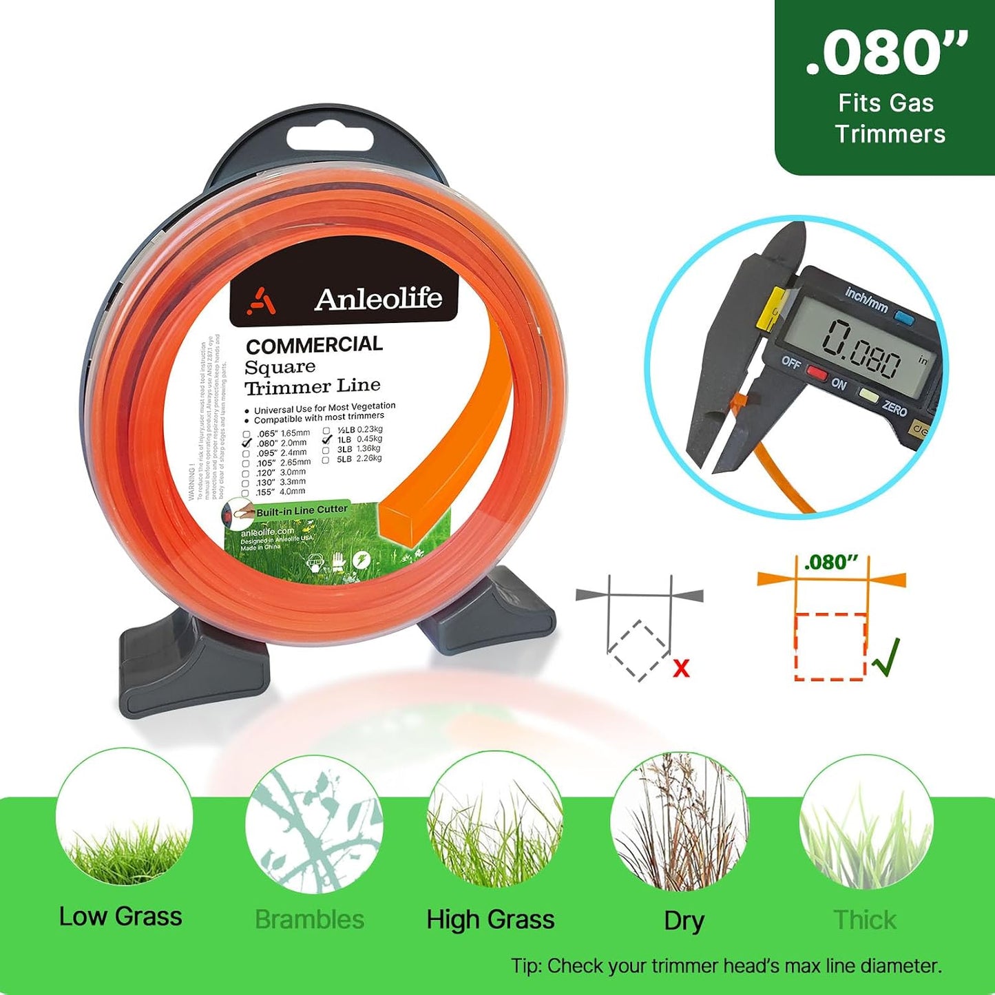 Bobina línea cuadrada 0.080pulg x 557pies con cortadora naranja