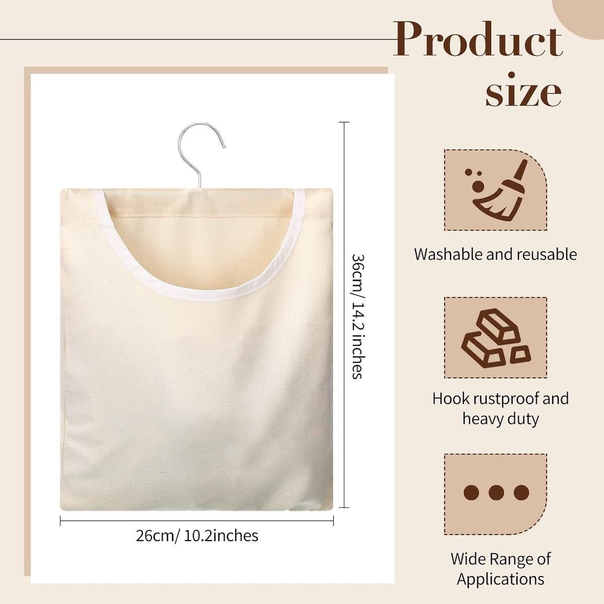 2 Bolsas Lona Gancho para Colgar Ropa 15x11pulg Balcón Viaje Beige