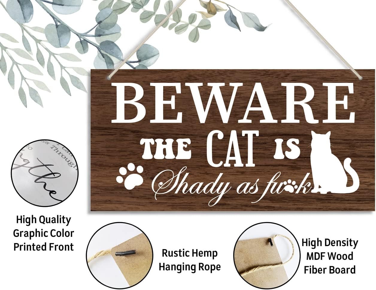 Letrero decorativo de madera con gato, beware the cat is shady