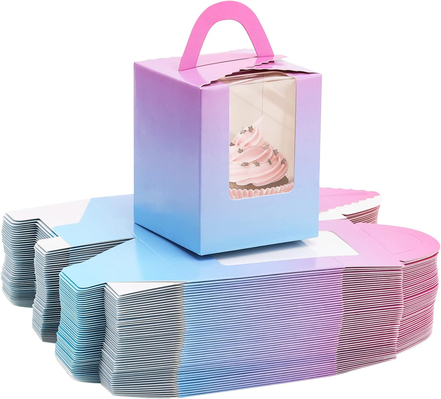 100 Cajas Cupcakes 3.6x3.6x4.3" con Manija Degradado
