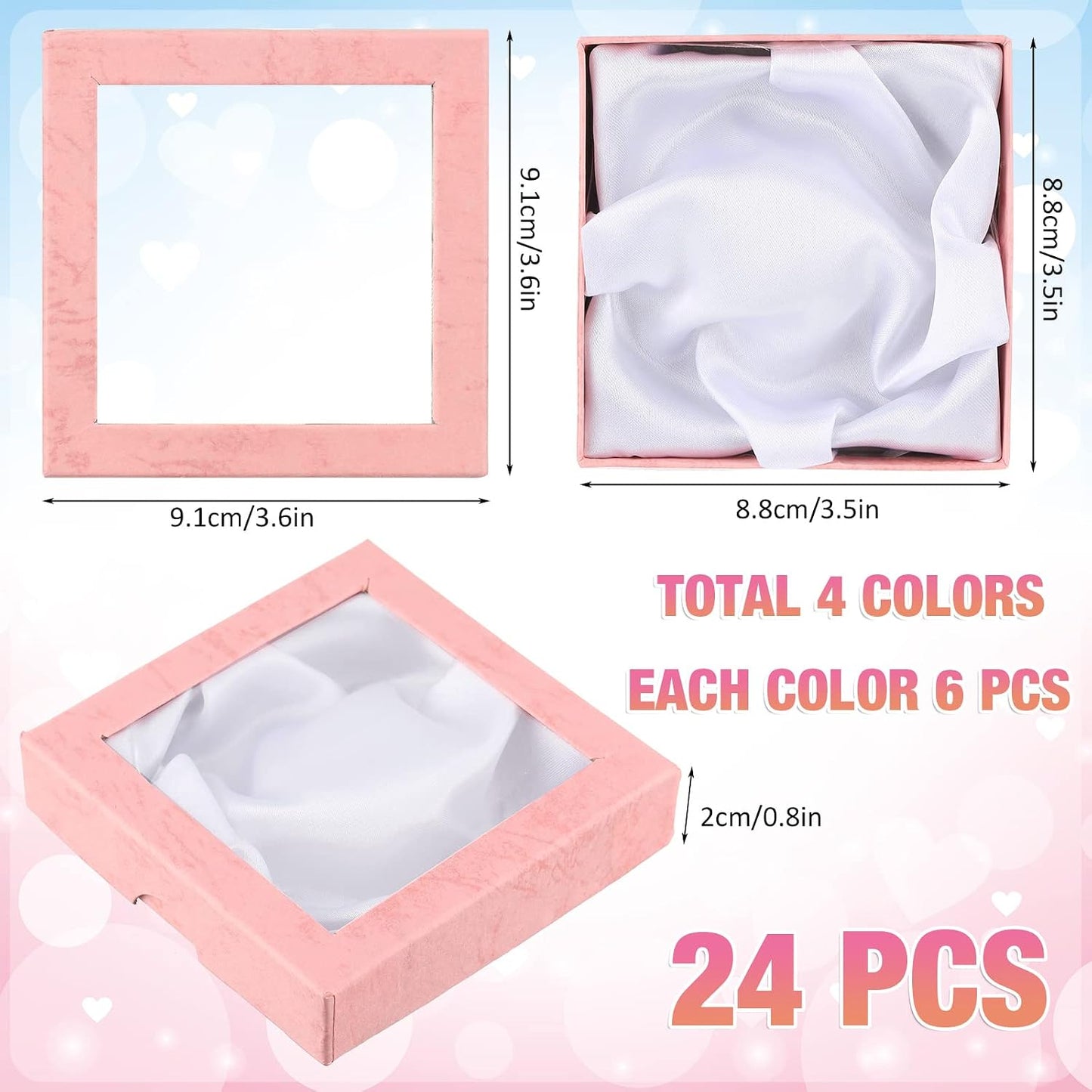24 Cajas Regalo Joyería 3.5x3.5" Cartón Tapas Transparentes
