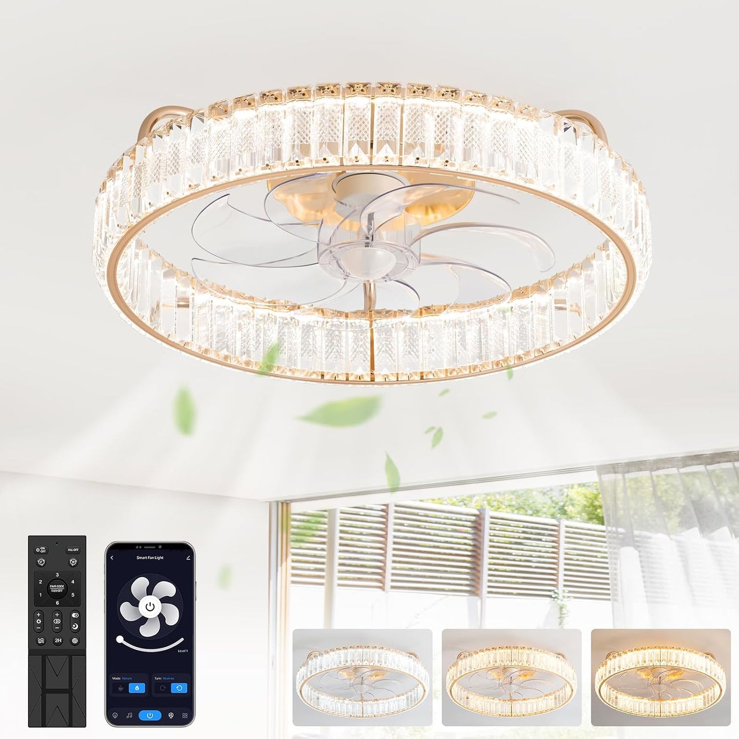 Ventilador techo 20pulg luz led 3cct 6 vel silencioso dorado