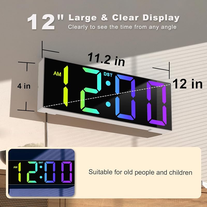 Reloj pared digital 12pulg LED RGB luz nocturna sala dormitorio