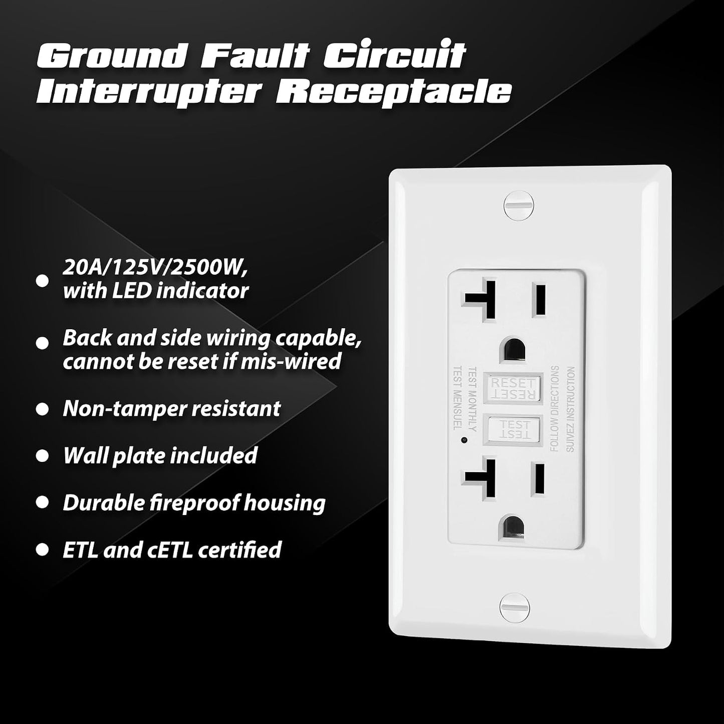 2 Salidas GFCI 20A con LED y placa pared