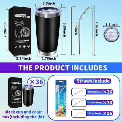 36 Vasos Acero Inox 20oz Doble Pared Con Tapas Pajitas