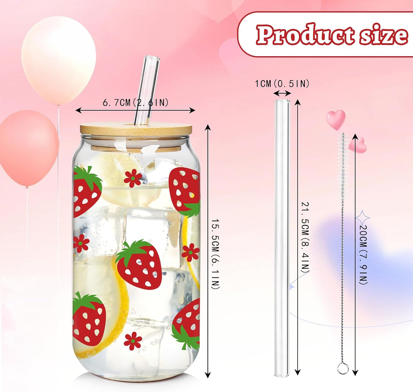 Taza vidrio con tapa y pajita 18oz set 2 regalo San Valentín