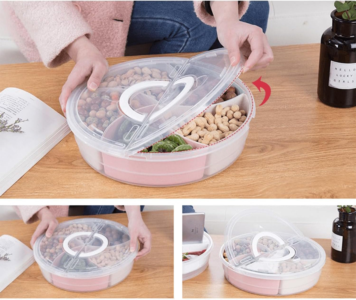 Caja aperitivos plástico con tapa asa bandeja dividida