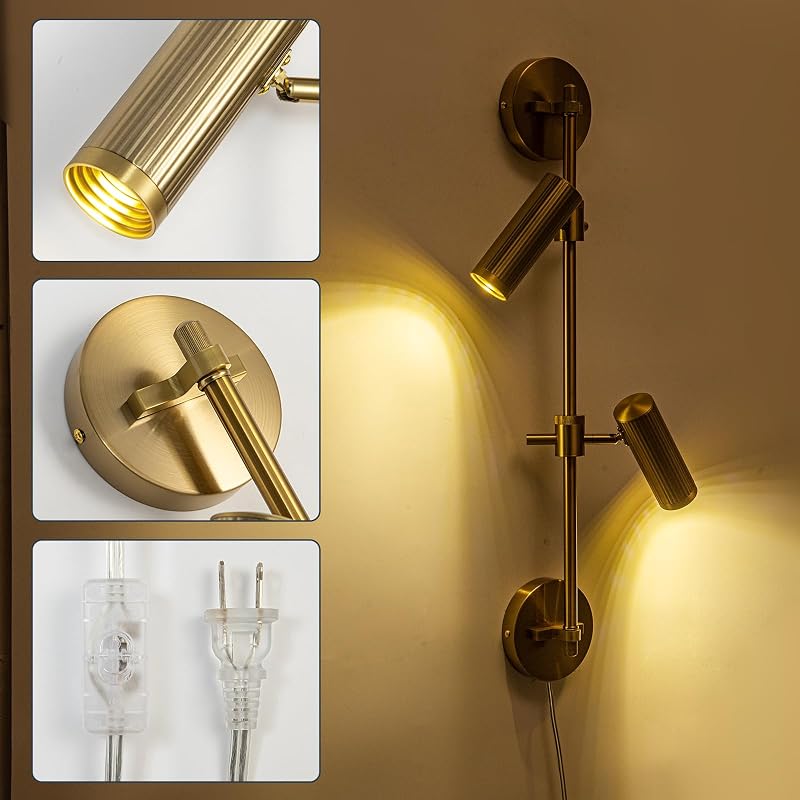 Aplique pared dorado con enchufe 3 luces luz blanca cálida
