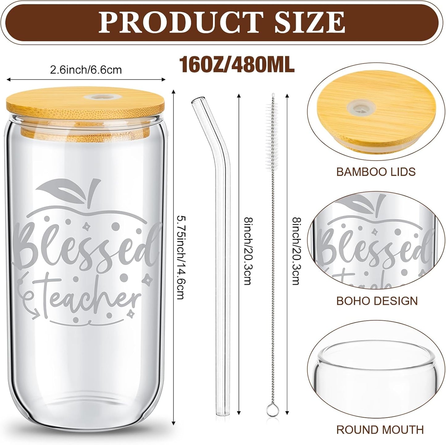 9 Set Vasos Vidrio 16oz con Tapas Pajitas Navidad