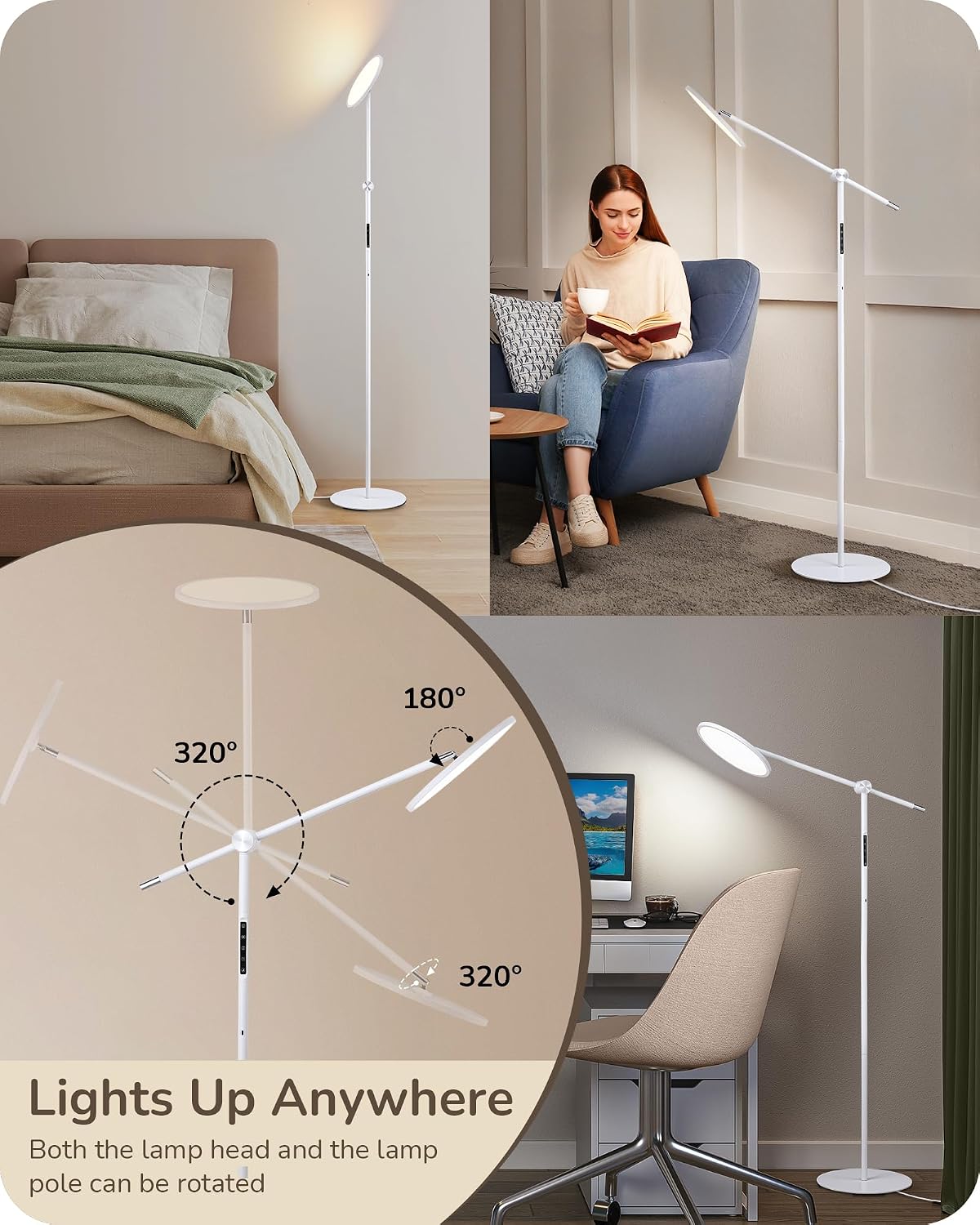 Lámpara pie LED regulable 1600LM tipo C brazo flexible sala