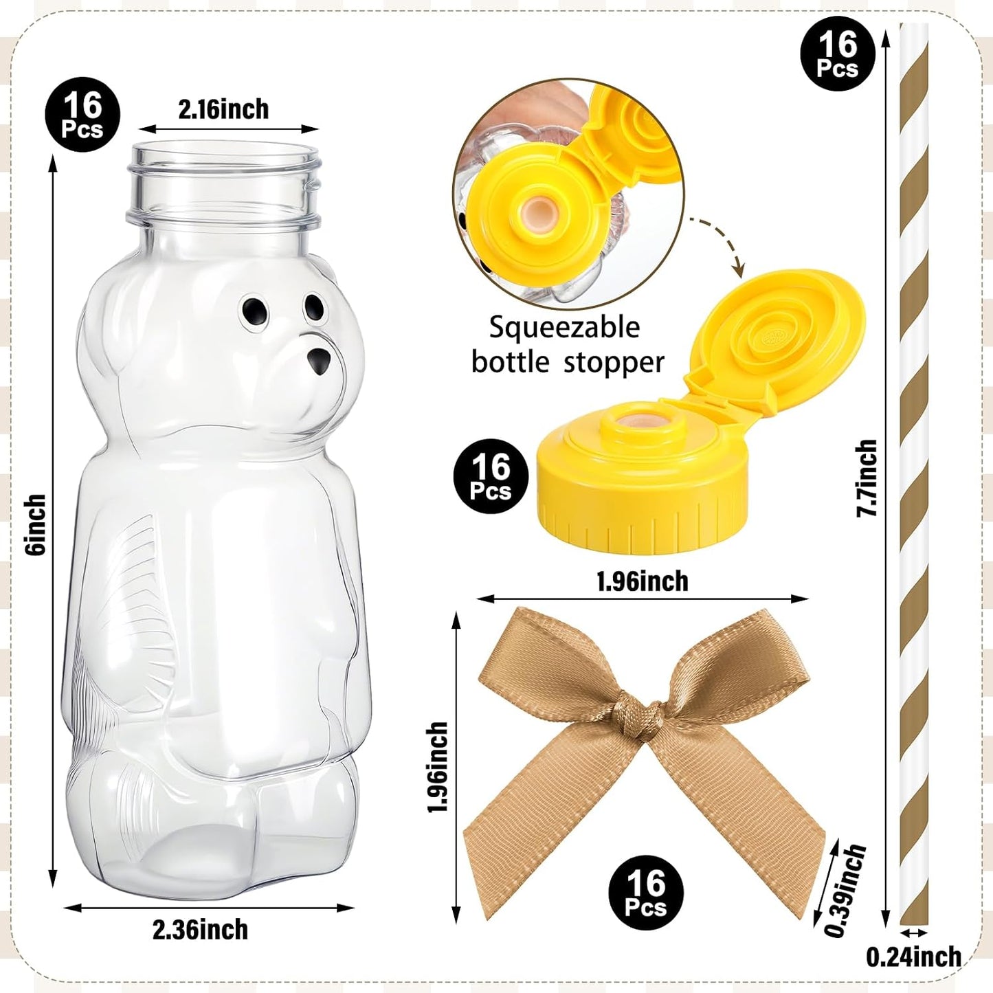 16 Tazas Pajita Oso Miel para Bebé 237ml con Tapa
